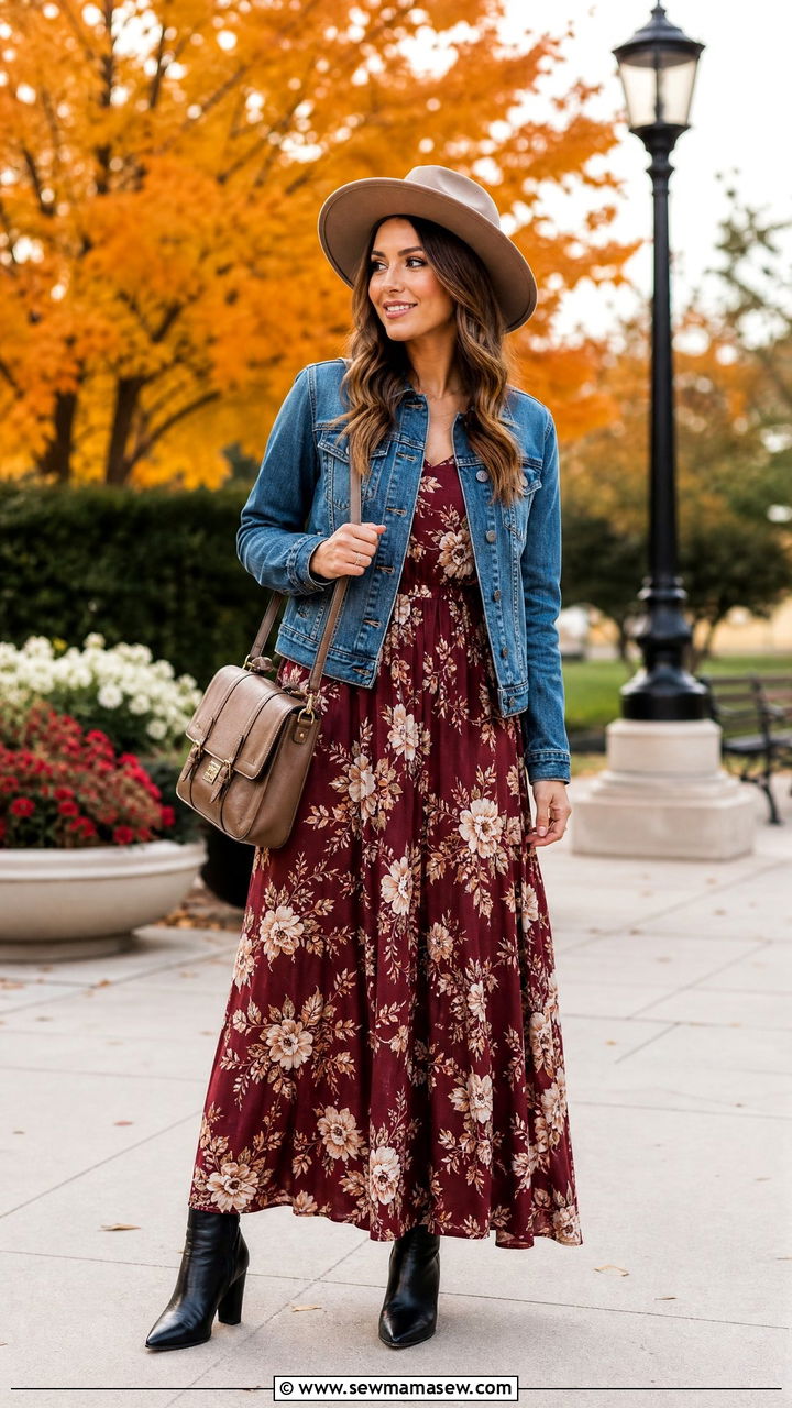 Maxi dress with denim jacket and ankle boots outfit - 30 Maxi dress outfit ideas with a denim jacket