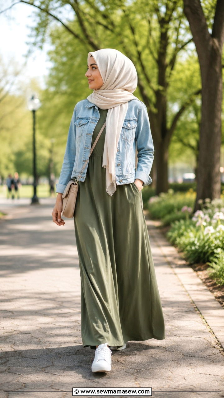 Maxi dress with denim jacket and hijab - 25 outfit ideas for hijab women