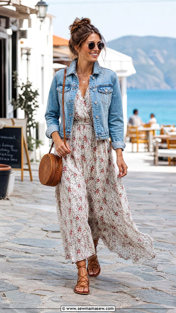 Maxi dress with denim jacket and sandals outfit - 30 Maxi dress outfit ideas with a denim jacket