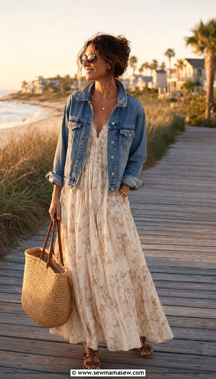 Maxi dress with denim jacket and sandals outfit - 35 Ageless outfit ideas