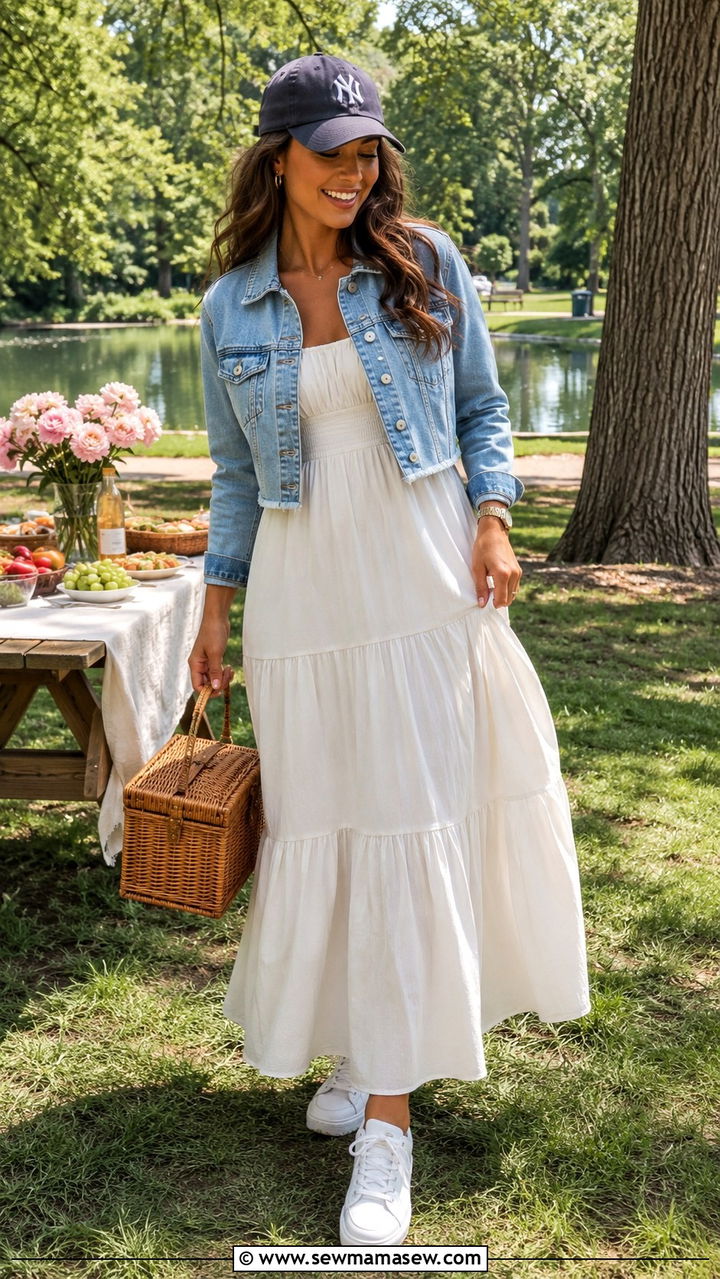 Maxi dress with denim jacket and sneakers - 30 How to style a maxi dress in summer