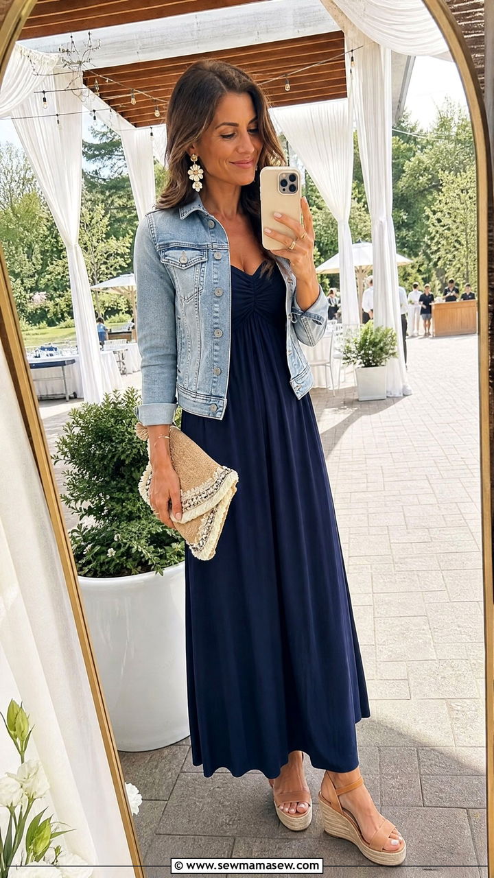 Maxi dress with denim jacket and wedges outfit - 30 Maxi dress outfit ideas with a denim jacket