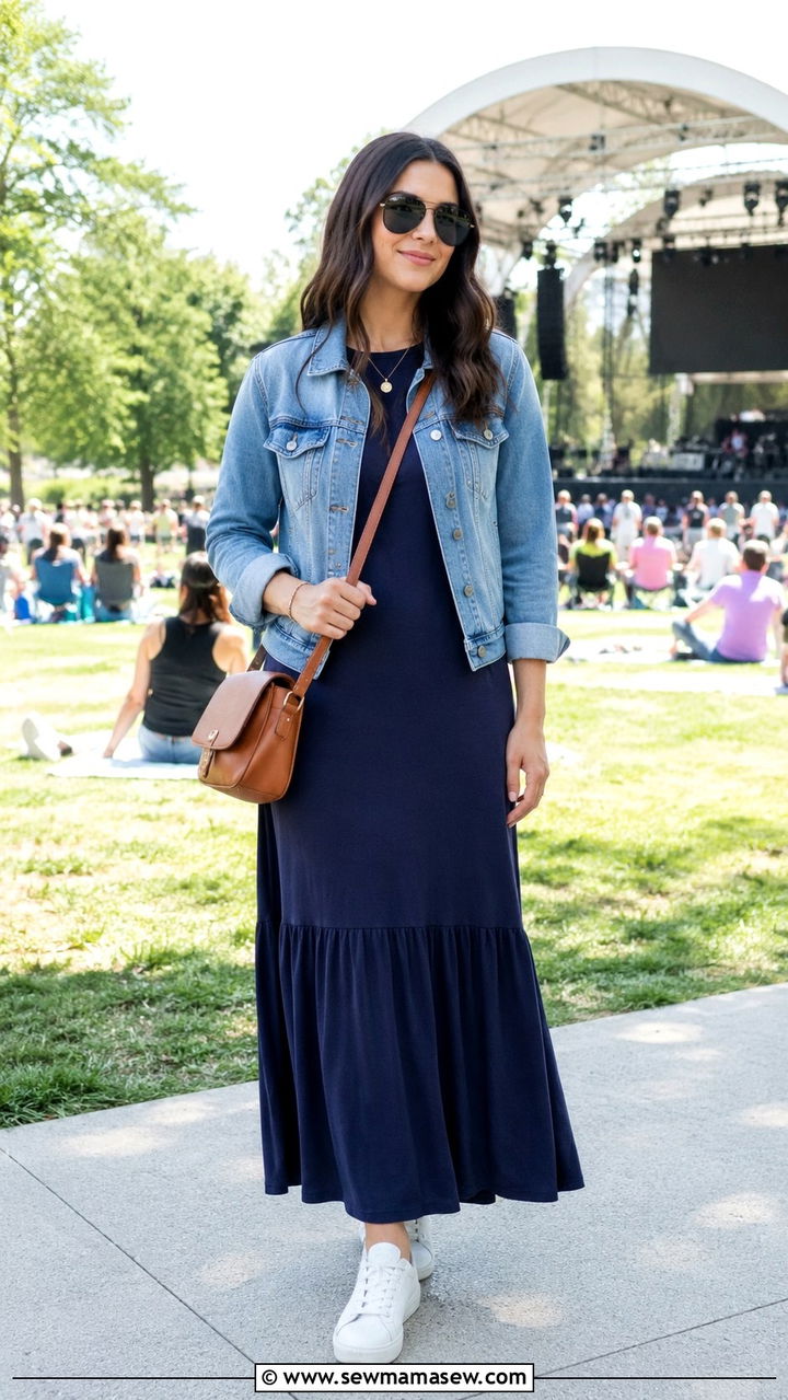 Maxi dress with denim jacket and white sneakers - 30 modest summer concert outfit ideas