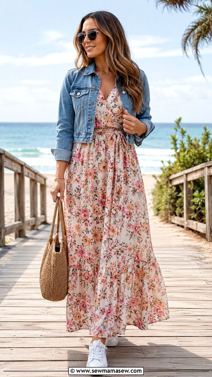Maxi dress with denim jacket and white sneakers - 25 Outfit ideas for wide calves