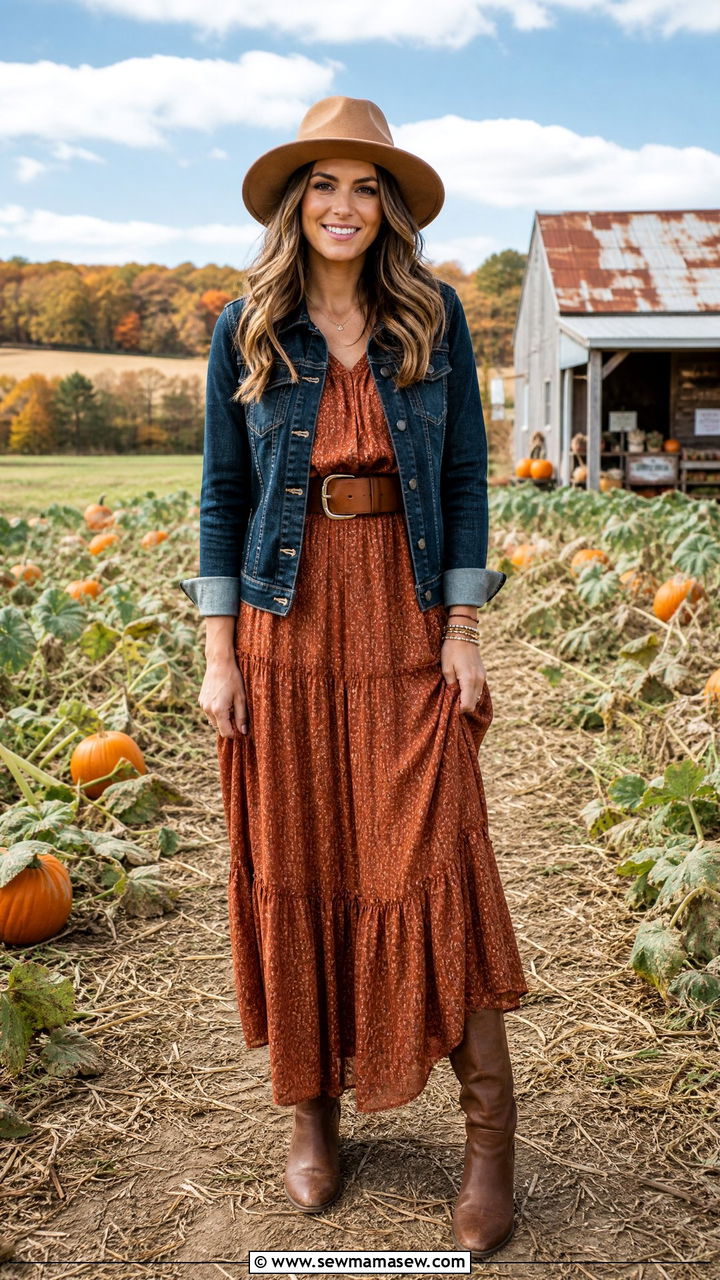 Maxi dress with denim jacket for fall outfit - 30 Maxi dress outfit ideas with a denim jacket