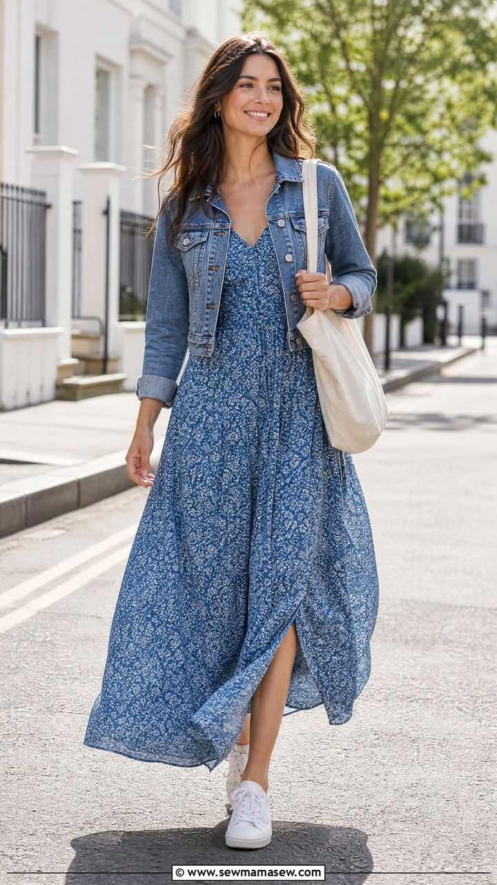 Maxi dress with denim jacket outfit - 35 maxi dress outfits aesthetic