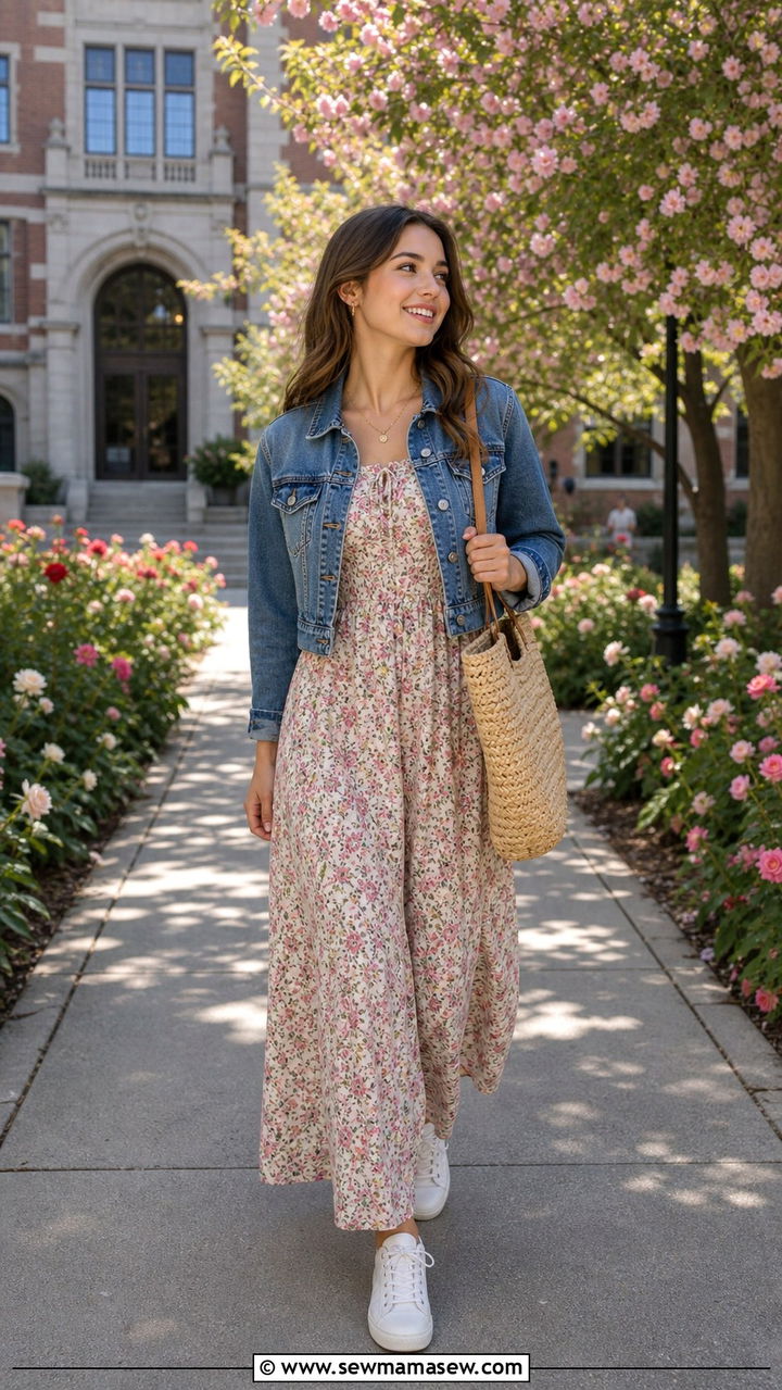 Maxi dress with denim jacket outfit - 40 school outfits