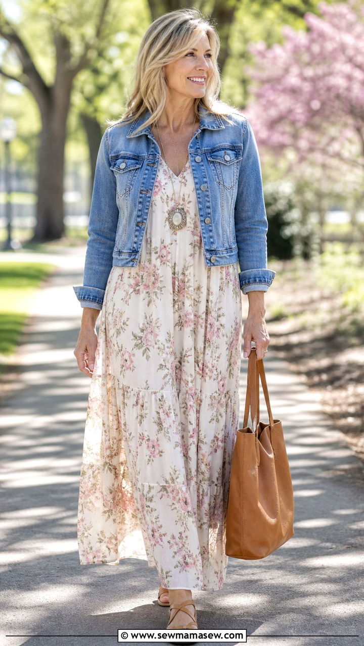 Maxi dress with denim jacket outfit - 40 spring outfit ideas for women over 40