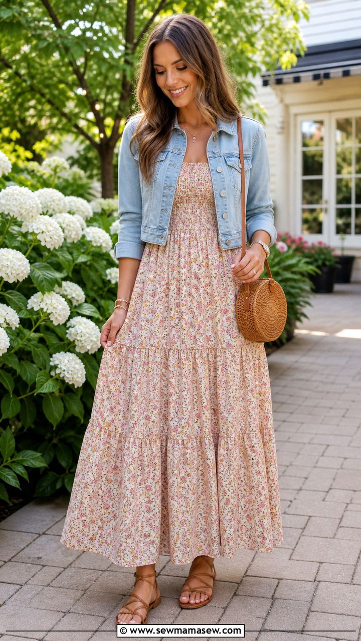 Maxi dress with denim jacket outfit - 40 trendy outfits ideas