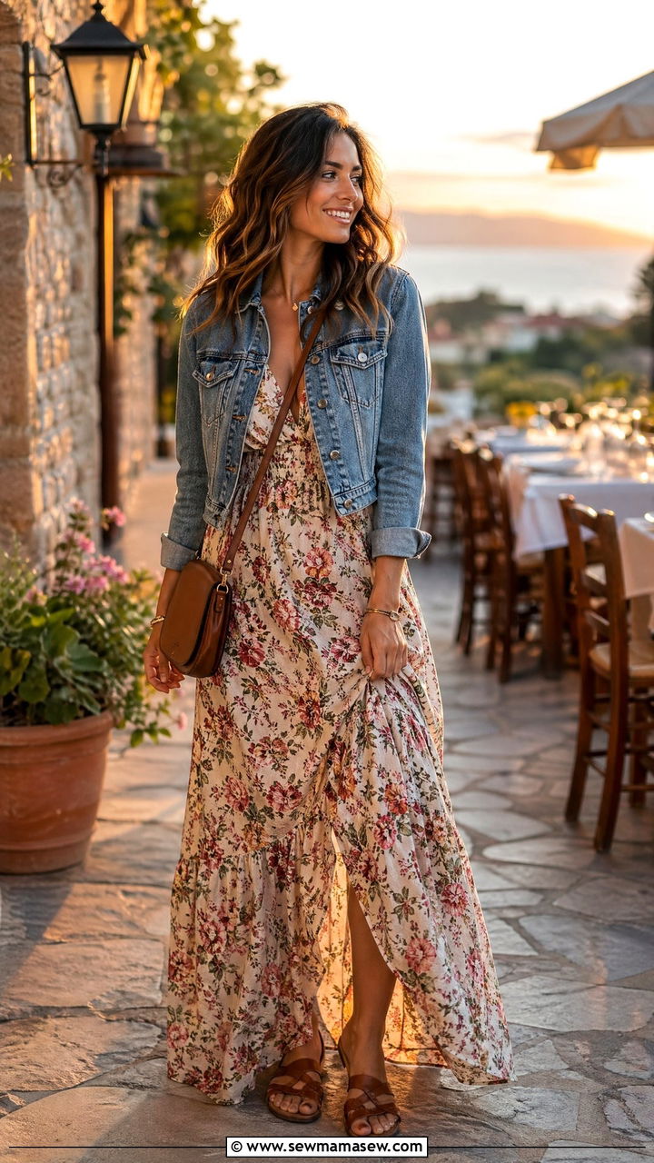 Maxi dress with denim jacket outfit - 35 dress outfits ideas