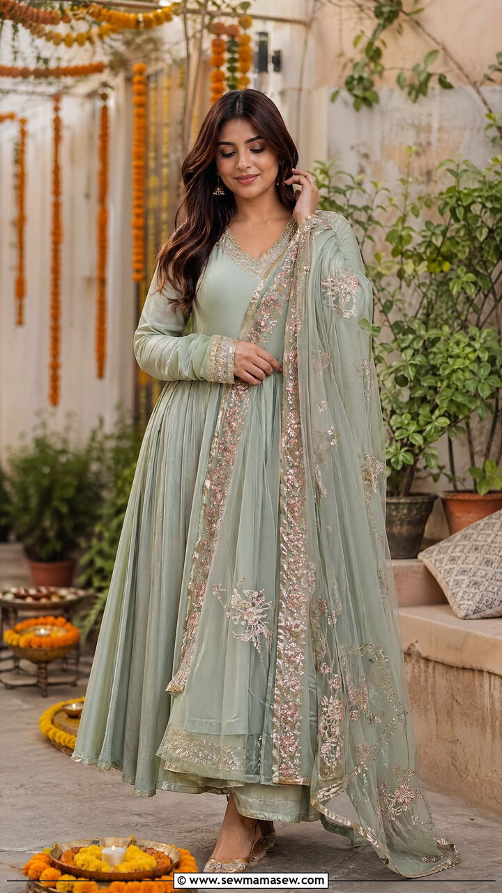 Maxi dress with embroidered dupatta drape - 35 Diwali party outfit ideas