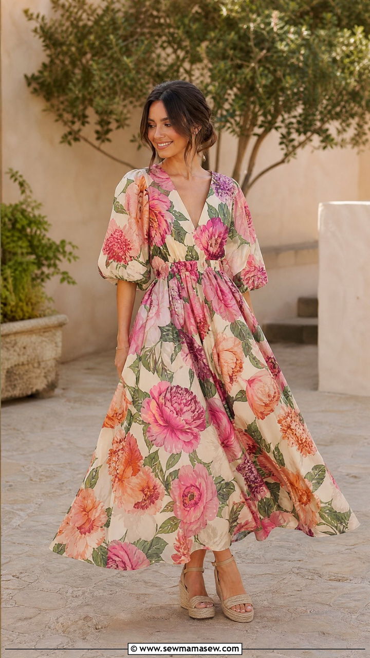 Maxi dress with large floral prints and espadrille wedges - 25 Petite outfit ideas to avoid