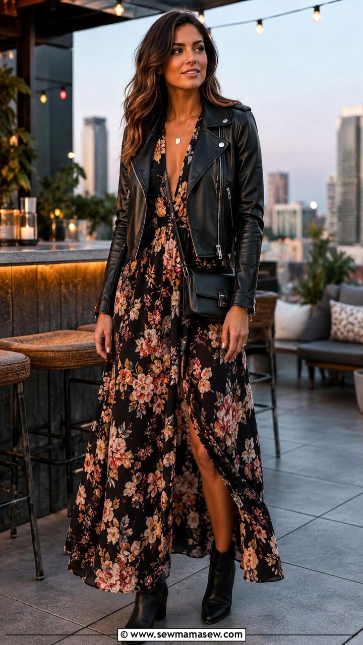 Maxi dress with leather jacket and boots - 30 How to style a maxi dress in summer