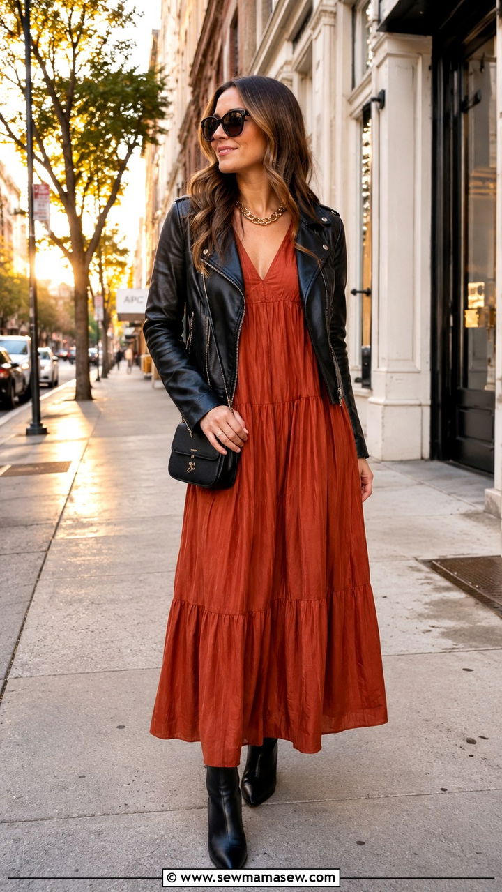 Maxi dress with leather jacket outfit - 20 summer to fall outfits 2026
