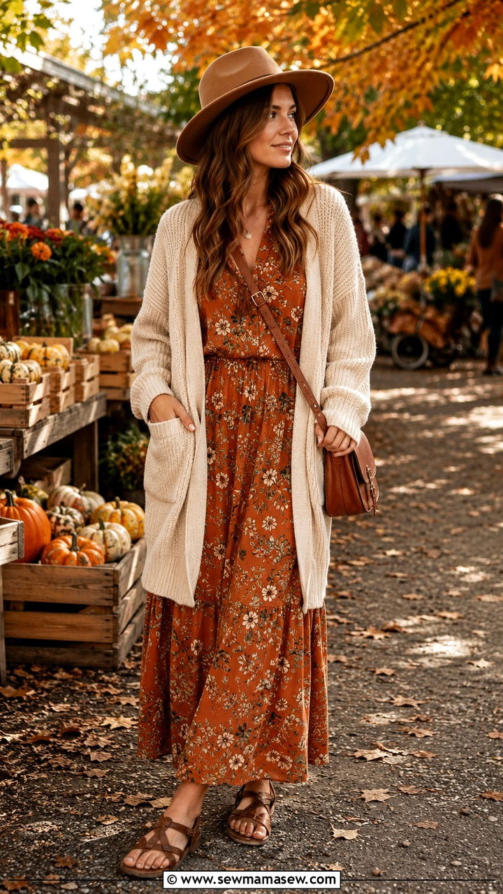 Maxi dress with leather sandals and cardigan fall outfit - 30 Maxi dress with sandals outfit ideas
