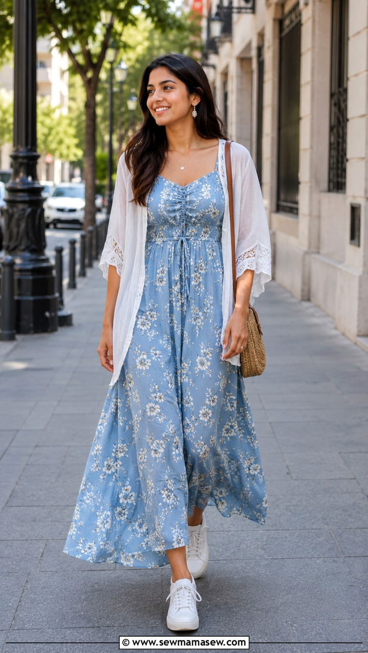 Maxi dress with light shrug or jacket - 20 Modest outfit ideas for India