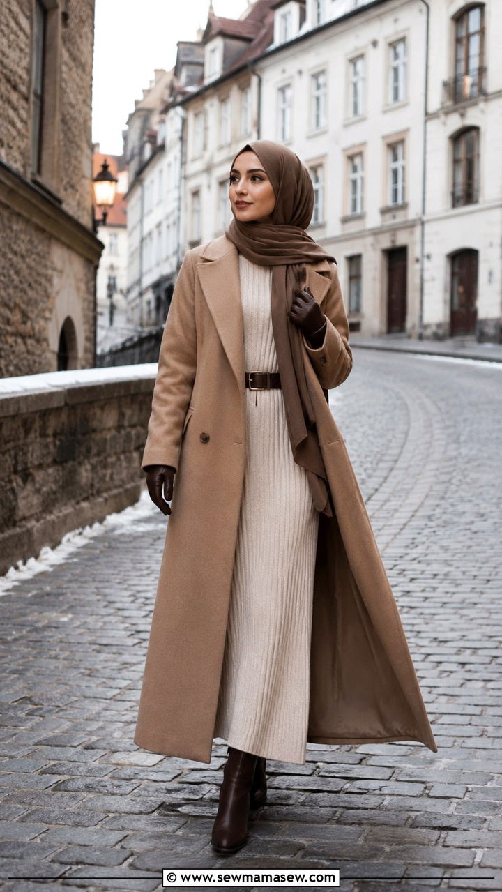 Maxi dress with long wool duster coat - 25 Vacation outfit ideas Muslim women