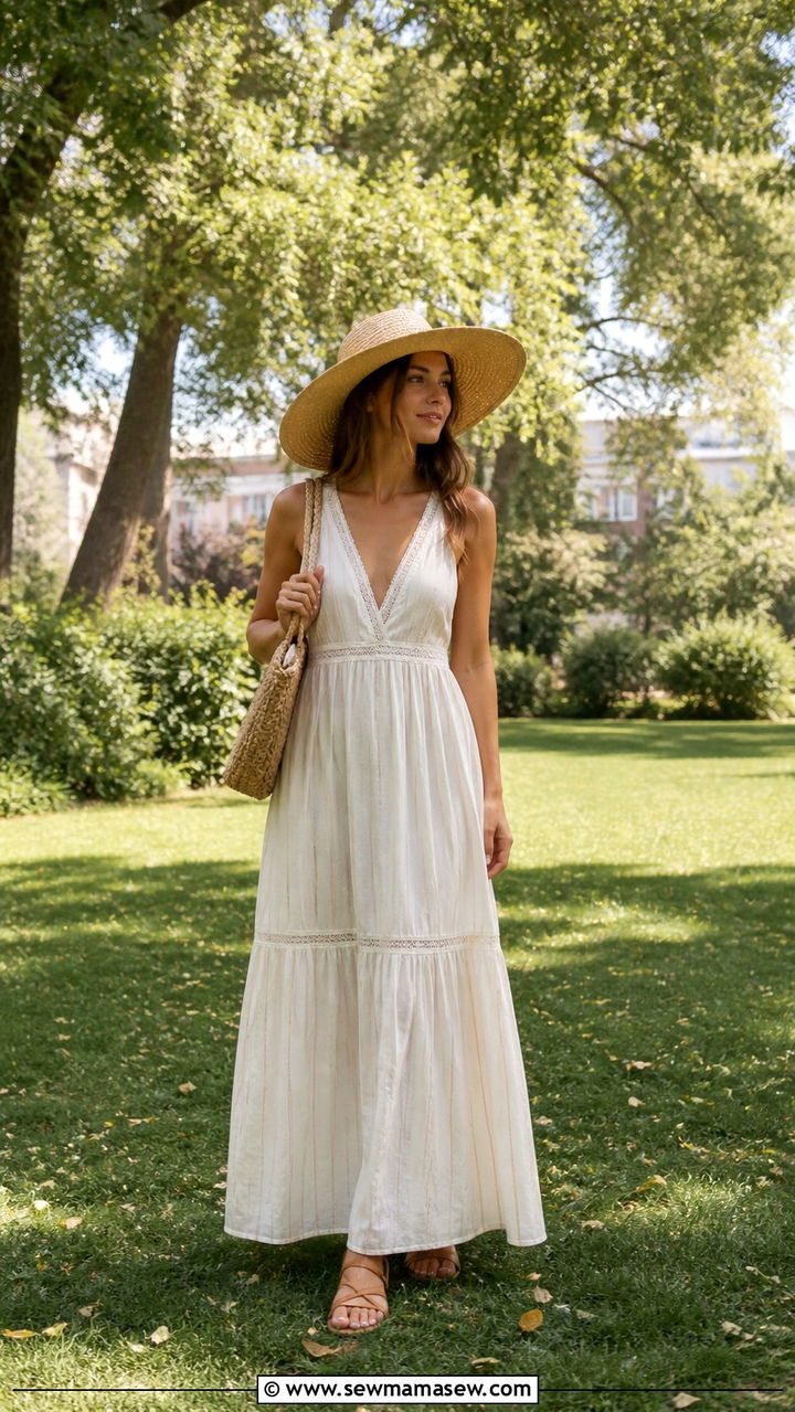 Maxi dress with straw hat and sandals - 40 London outfit ideas