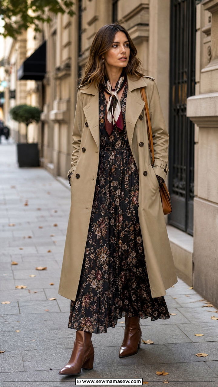 Maxi dress with trench coat and heeled boots - 35 How to style a maxi dress