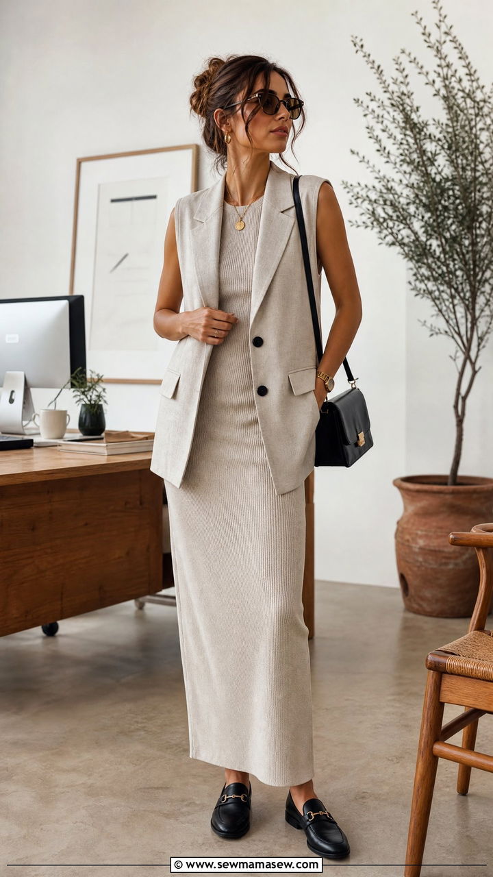 Maxi dress with vest and loafers - 35 How to style a maxi dress