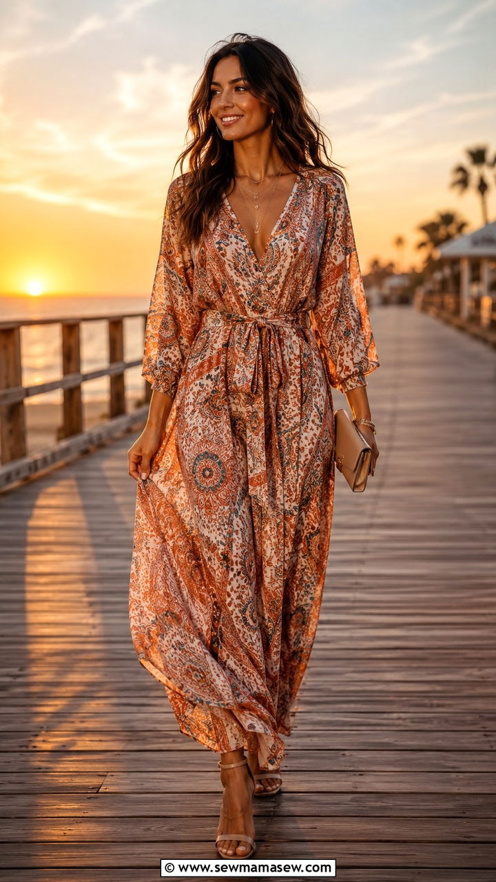 Maxi dress with waist tie and heeled sandals - 30 outfit ideas for rectangle body shape