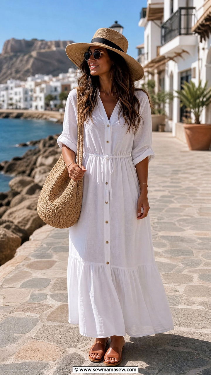Maxi dress with wide brim hat and tote bag - 35 How to style a maxi dress