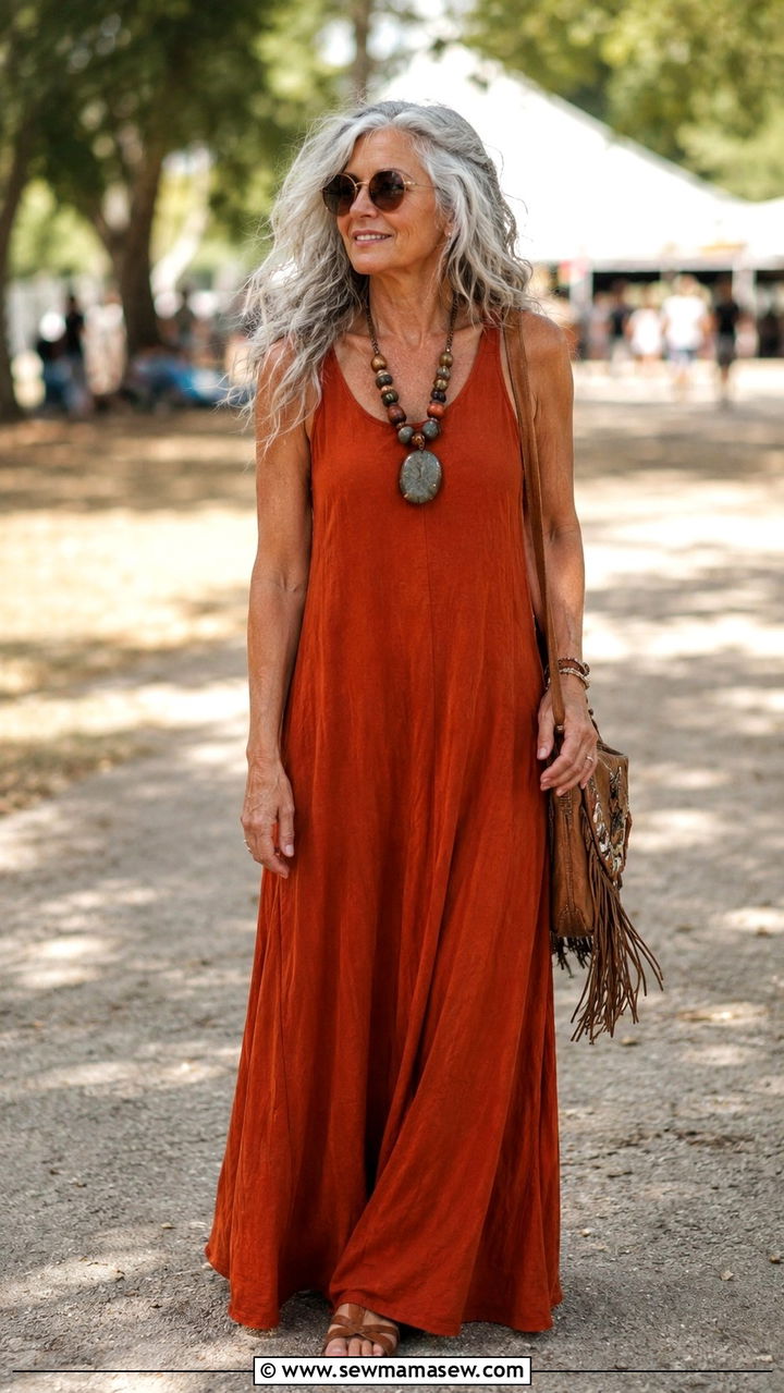 Maxi hippie dress with statement necklace - 30 Boho outfits for women over 50