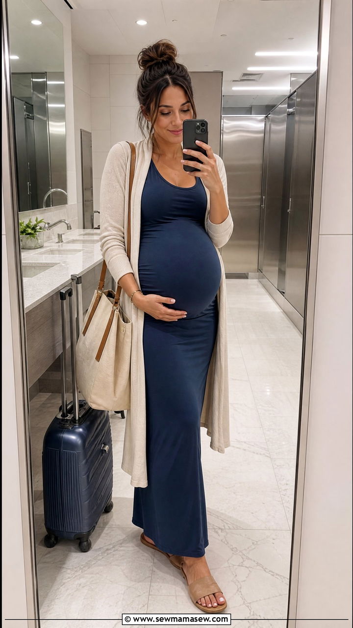 Maxi maternity dress with lightweight cardigan and flat sandals - 25 Maternity outfit ideas for airport