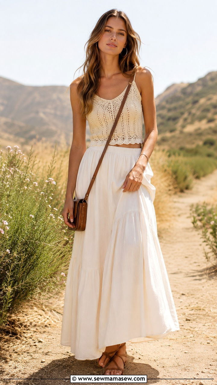 Maxi skirt and a crochet tank top - 30 Tall women spring outfit ideas