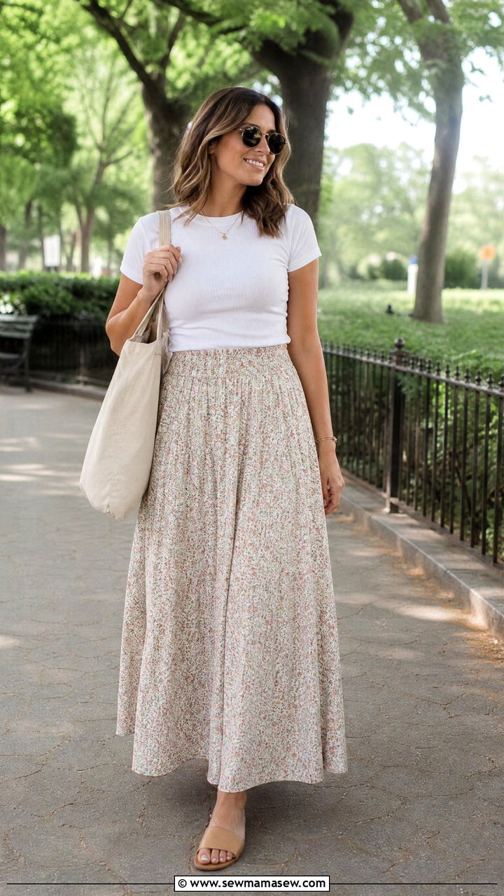 Maxi skirt and fitted ribbed tee - 30 Summer outfit ideas for new mom
