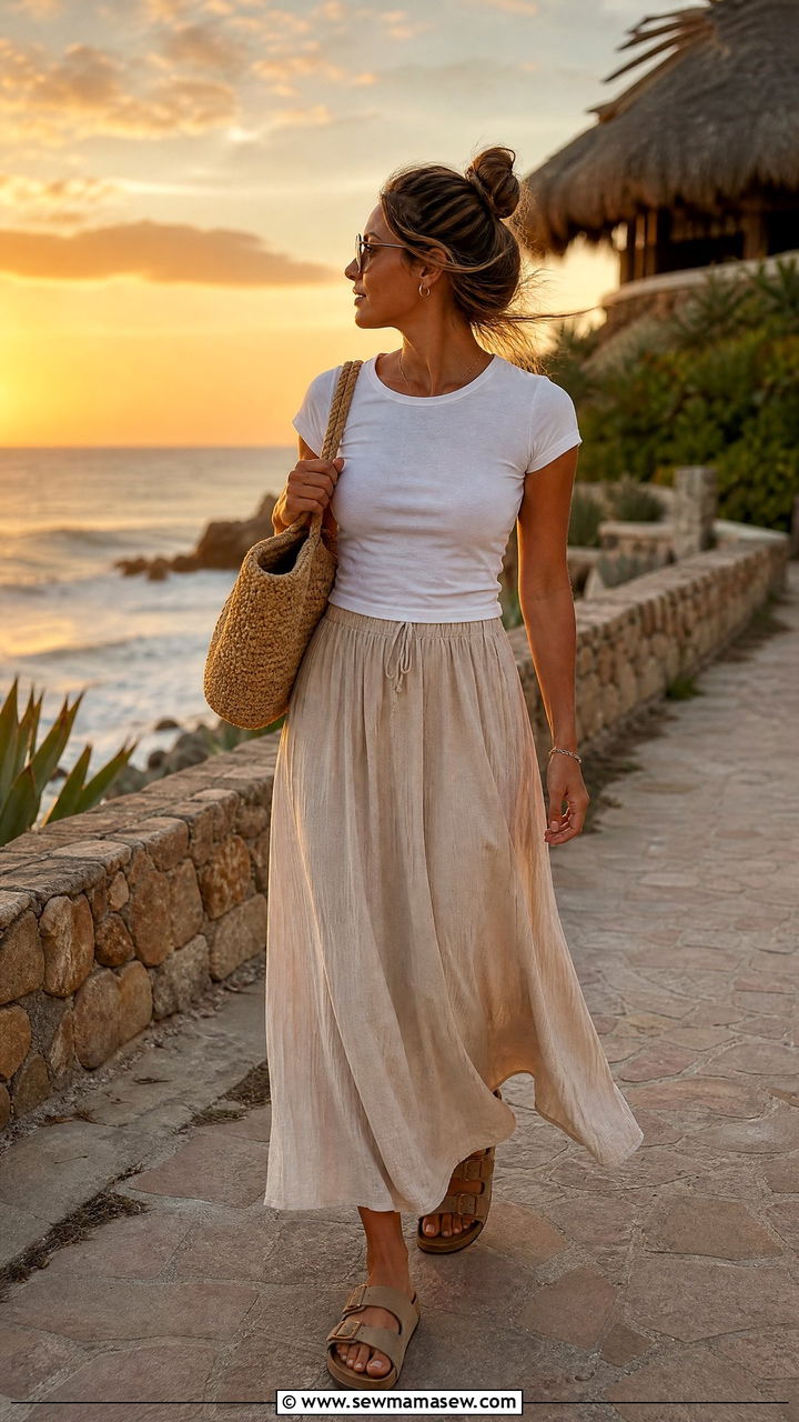 Maxi skirt and fitted tee with Birkenstock slide sandals - 30 summer outfits with slide sandals
