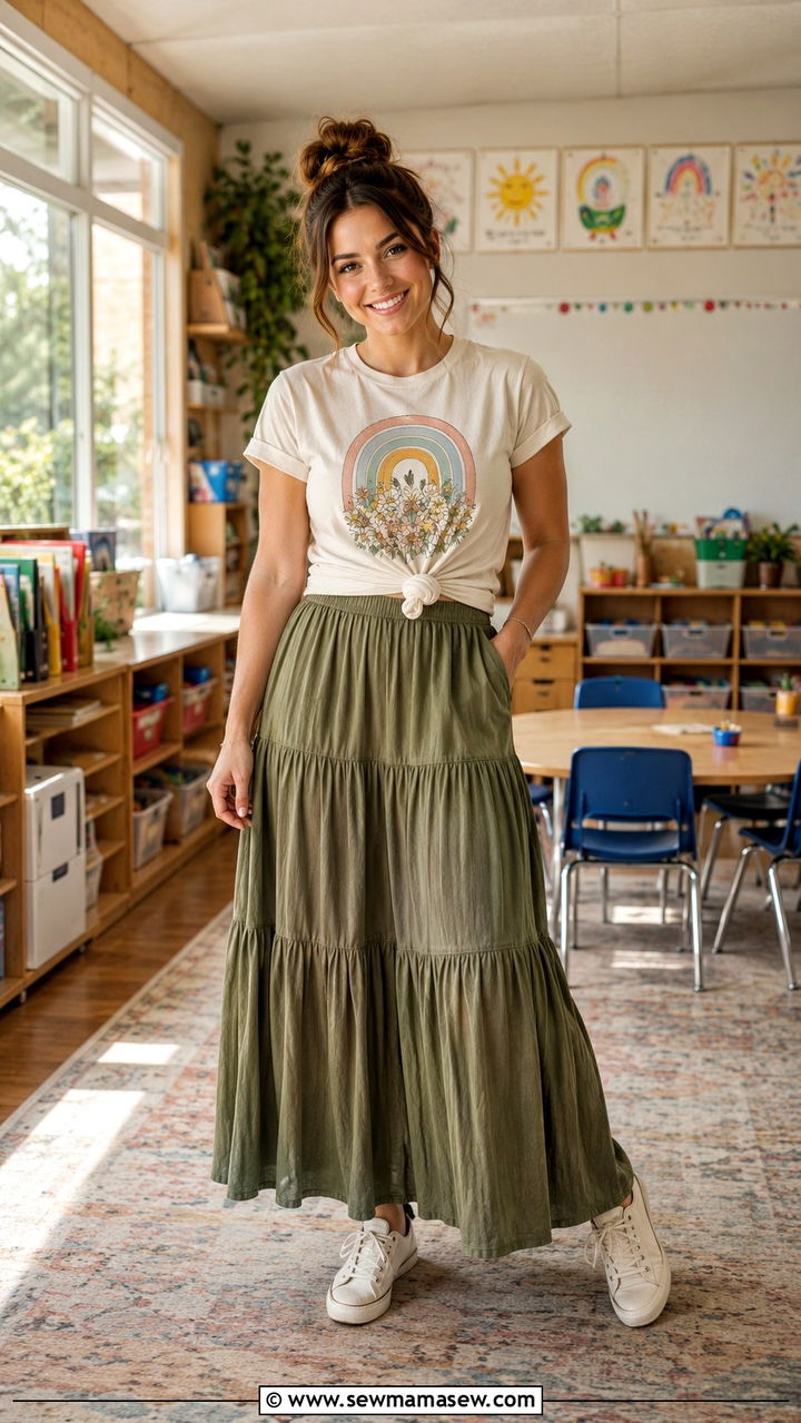Maxi skirt and graphic t shirt preschool teacher outfit - 25 Preschool teacher outfit ideas