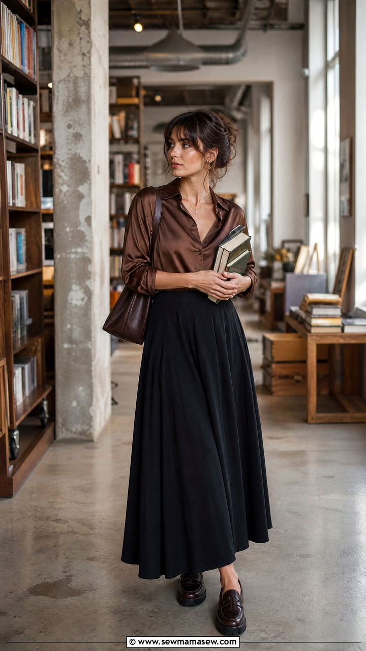 Maxi skirt and satin blouse librarian outfit - 25 librarian core outfits to copy