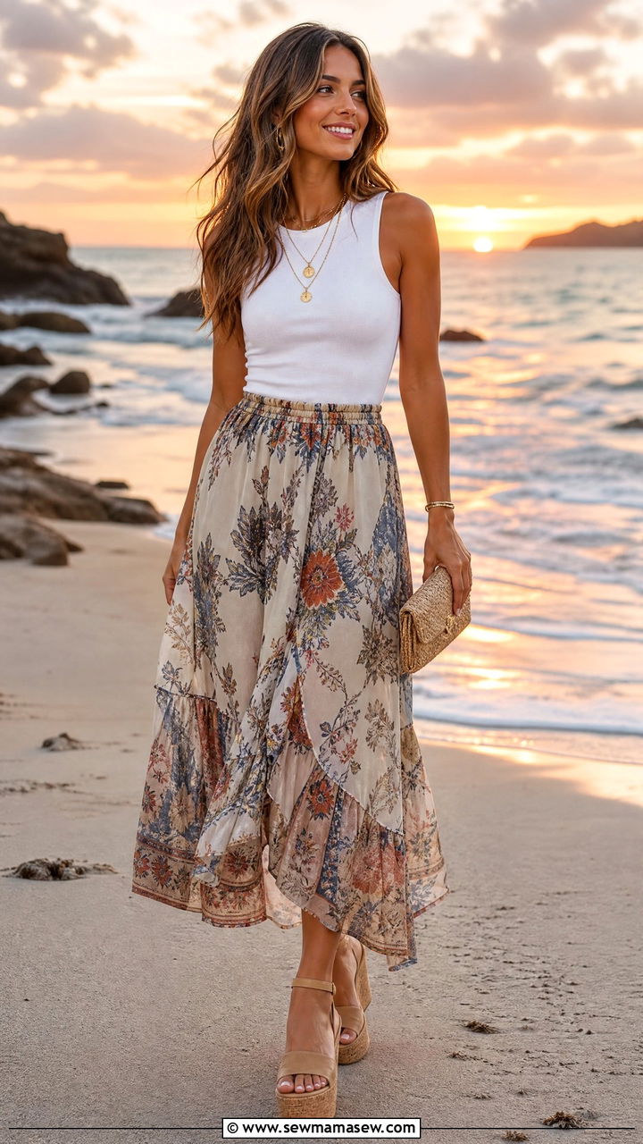 Maxi skirt and sleeveless top with wedge sandals - 30 summer outfits with wedge sandals