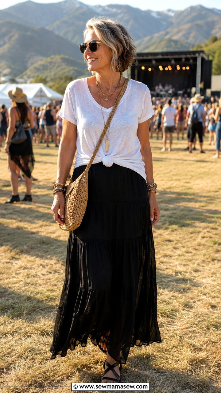Maxi skirt and tee concert outfit over 50 - 25 What to wear to a concert over 50