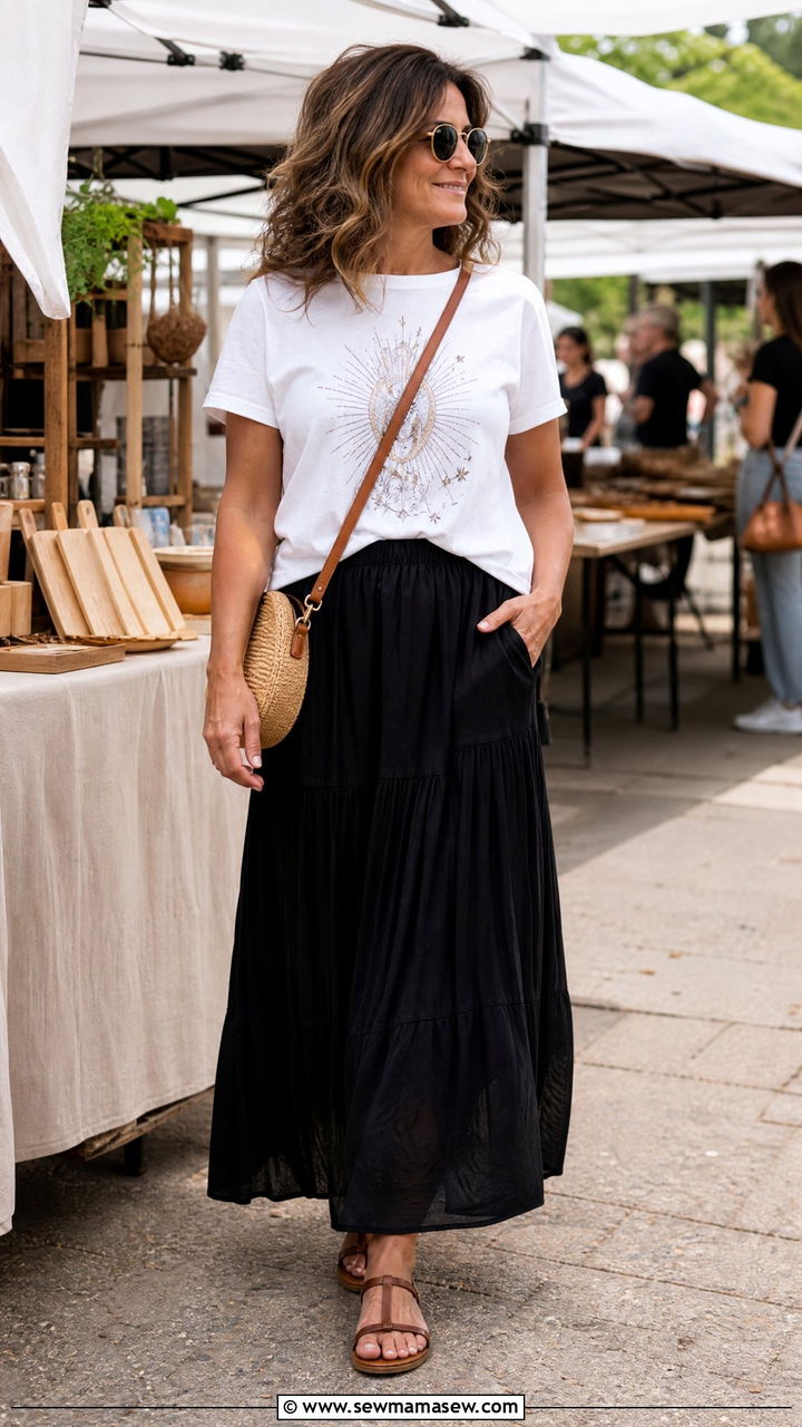 Maxi skirt with a graphic tee and leather sandals - 35 Midsize outfits for women over 40