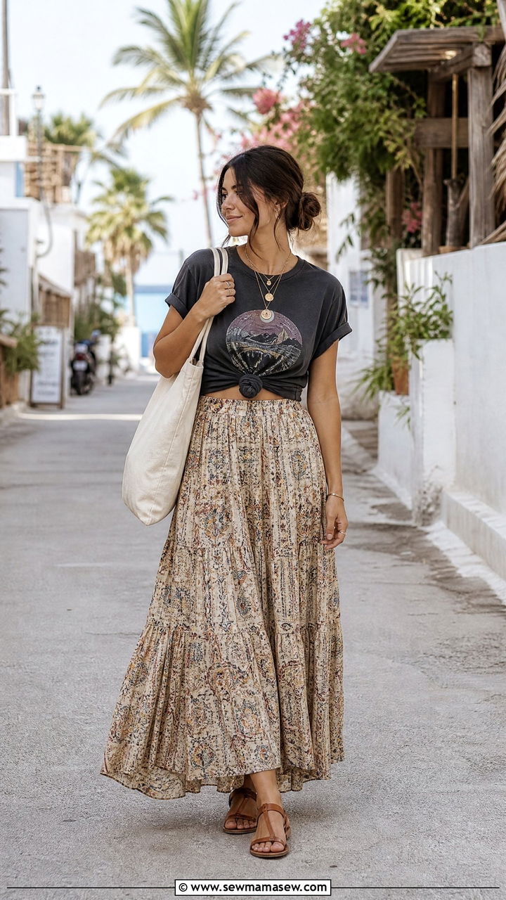 Maxi skirt with a knotted graphic tee - 30 Boho outfit ideas petite