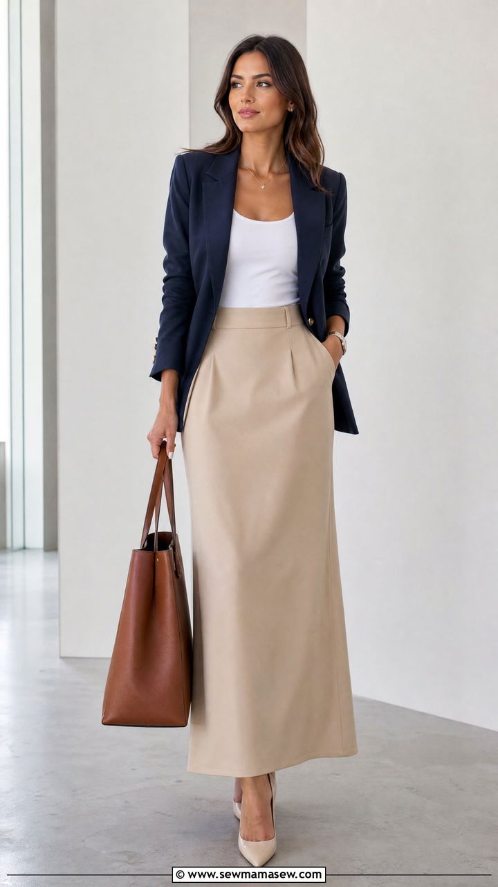 Maxi skirt with blazer for office - 25 chic maxi skirt outfit ideas