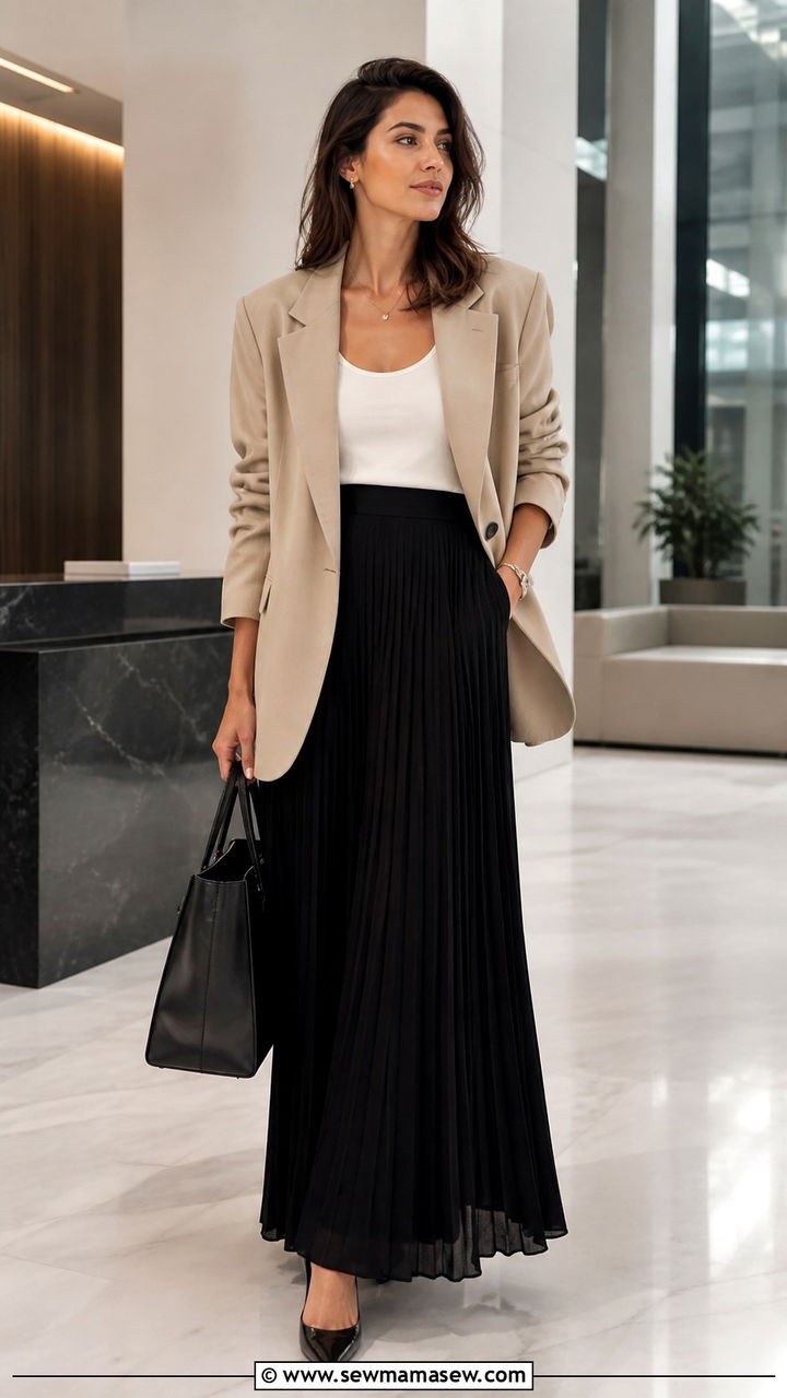 Maxi skirt with blazer outfit - 40 maxi skirt outfit ideas