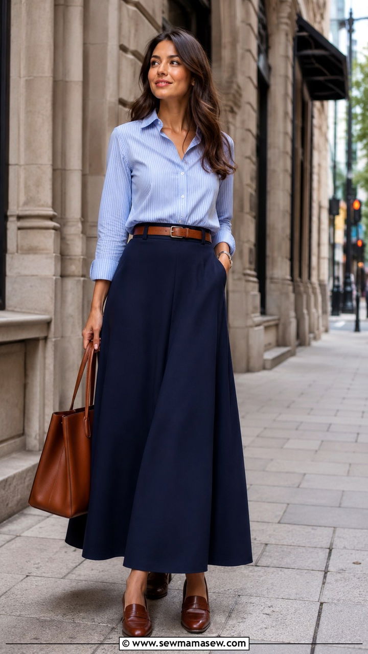 Maxi skirt with button down shirt and loafers - 30 How to style a maxi skirt