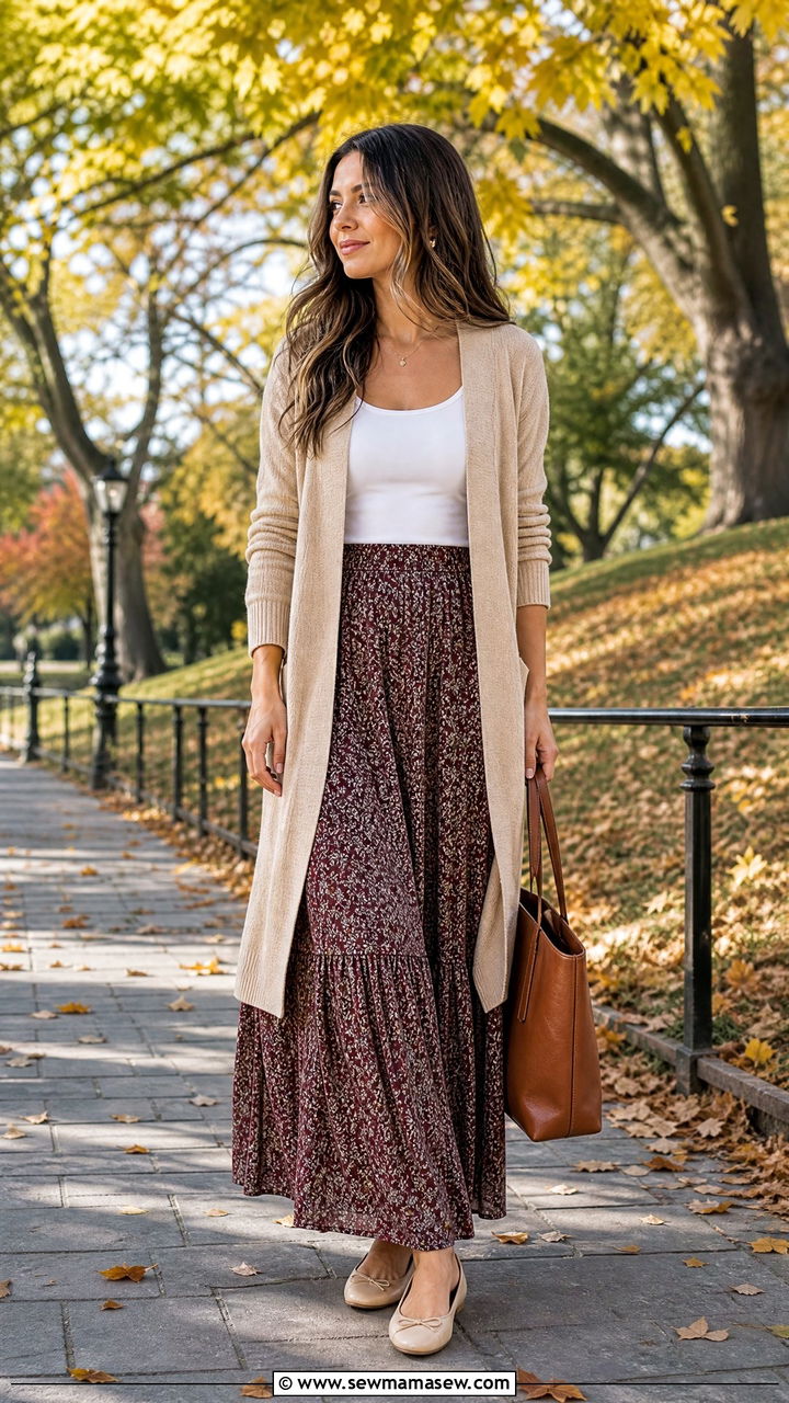 Maxi skirt with cardigan for transitional weather - 25 chic maxi skirt outfit ideas