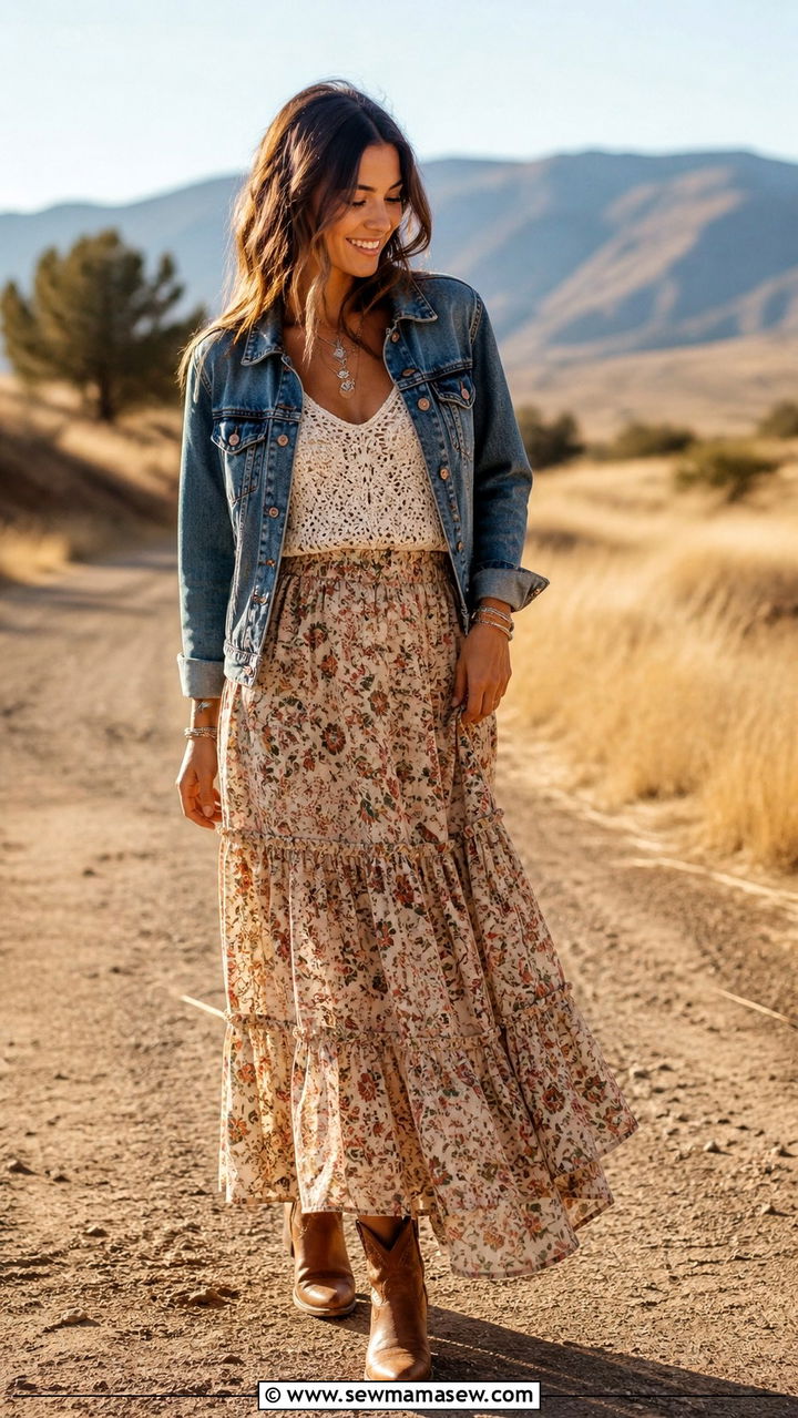 Maxi skirt with cowboy boots outfit - 40 maxi skirt outfit ideas