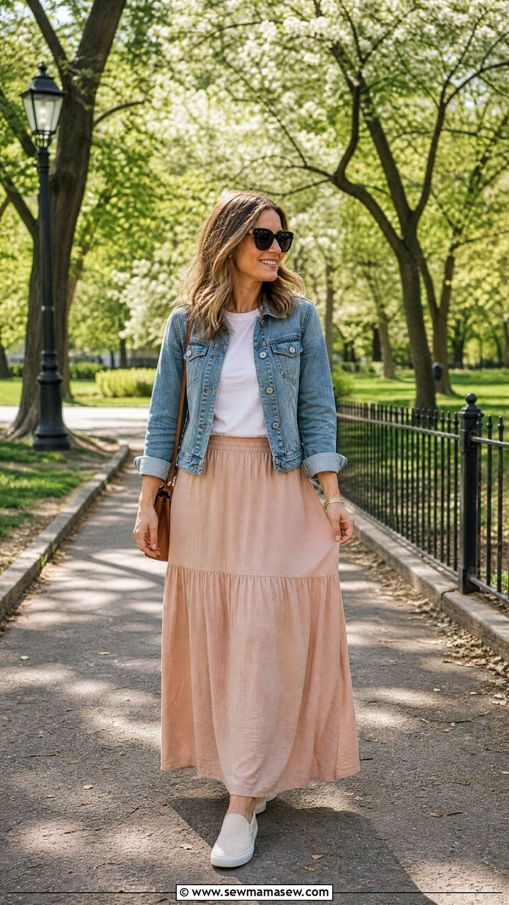 Maxi skirt with denim jacket and slip on sneakers - 35 how to style maxi skirt