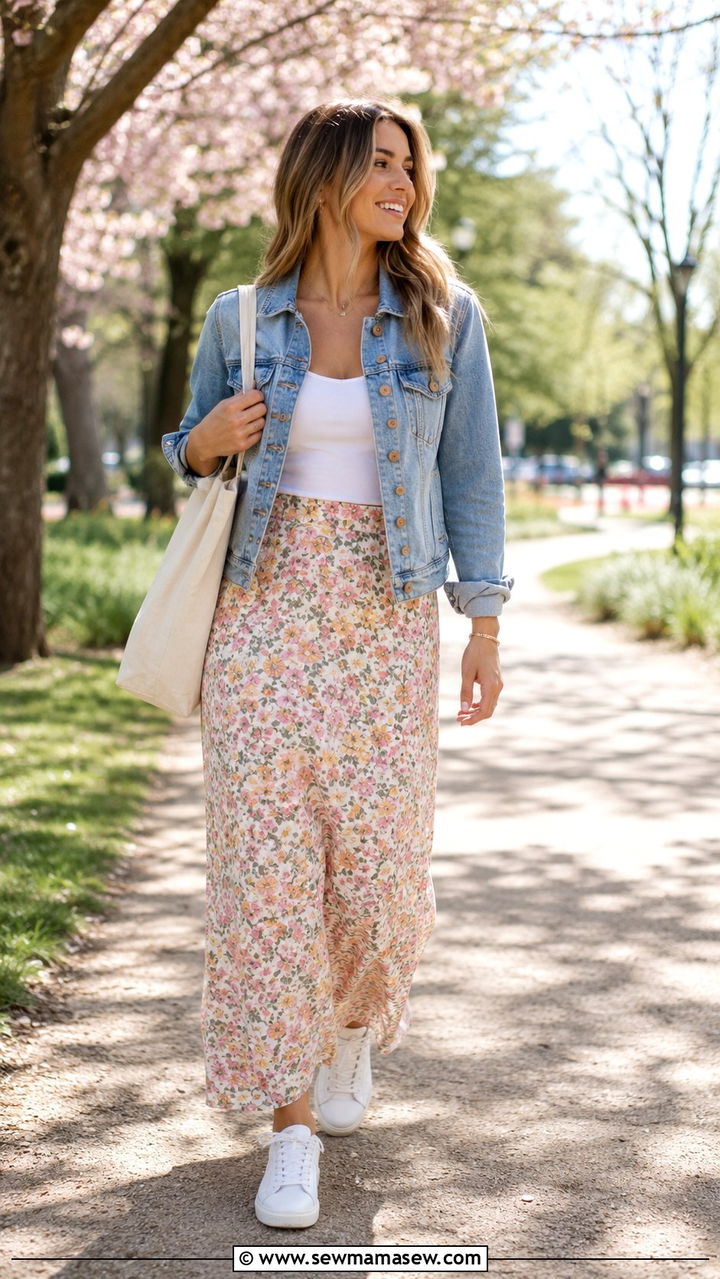 Maxi skirt with denim jacket and white sneakers - 30 How to style a maxi skirt
