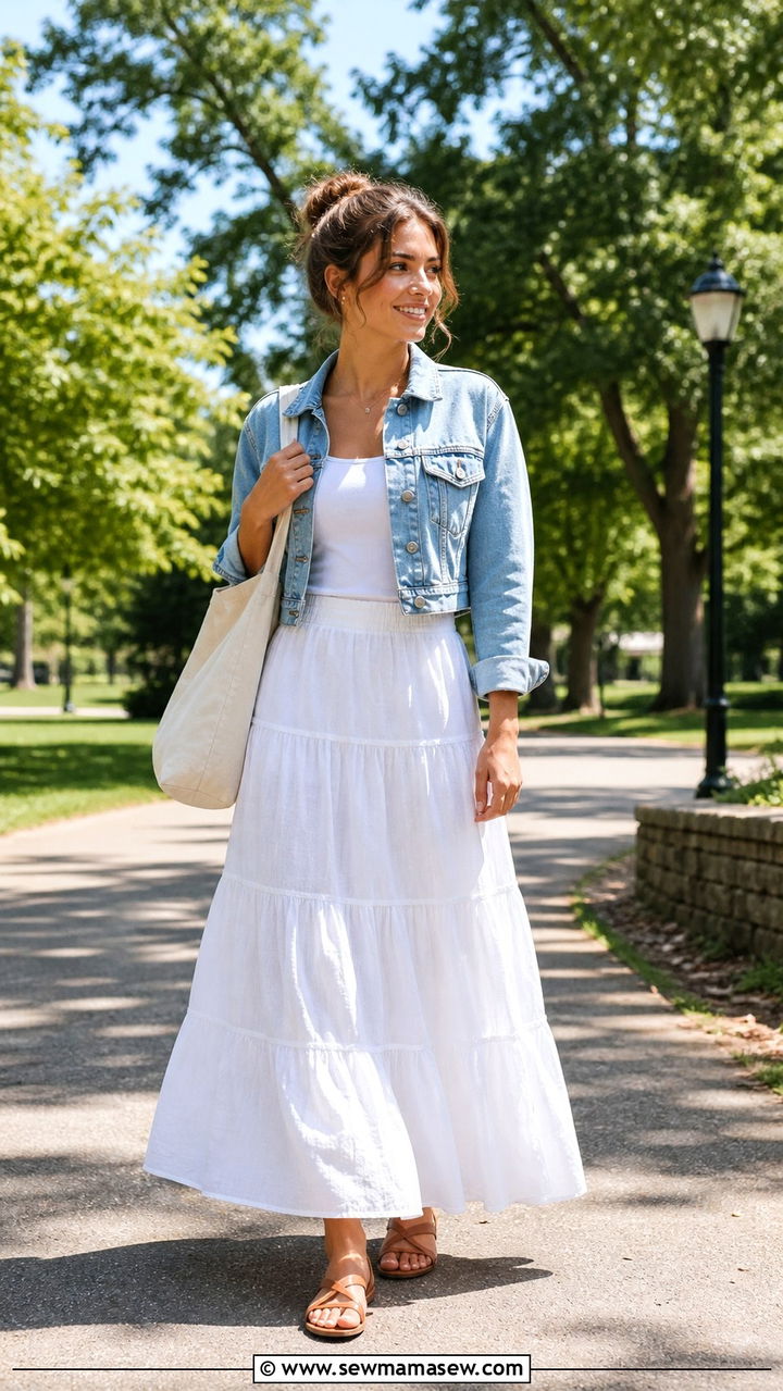 Maxi skirt with denim jacket outfit - 40 maxi skirt outfit ideas