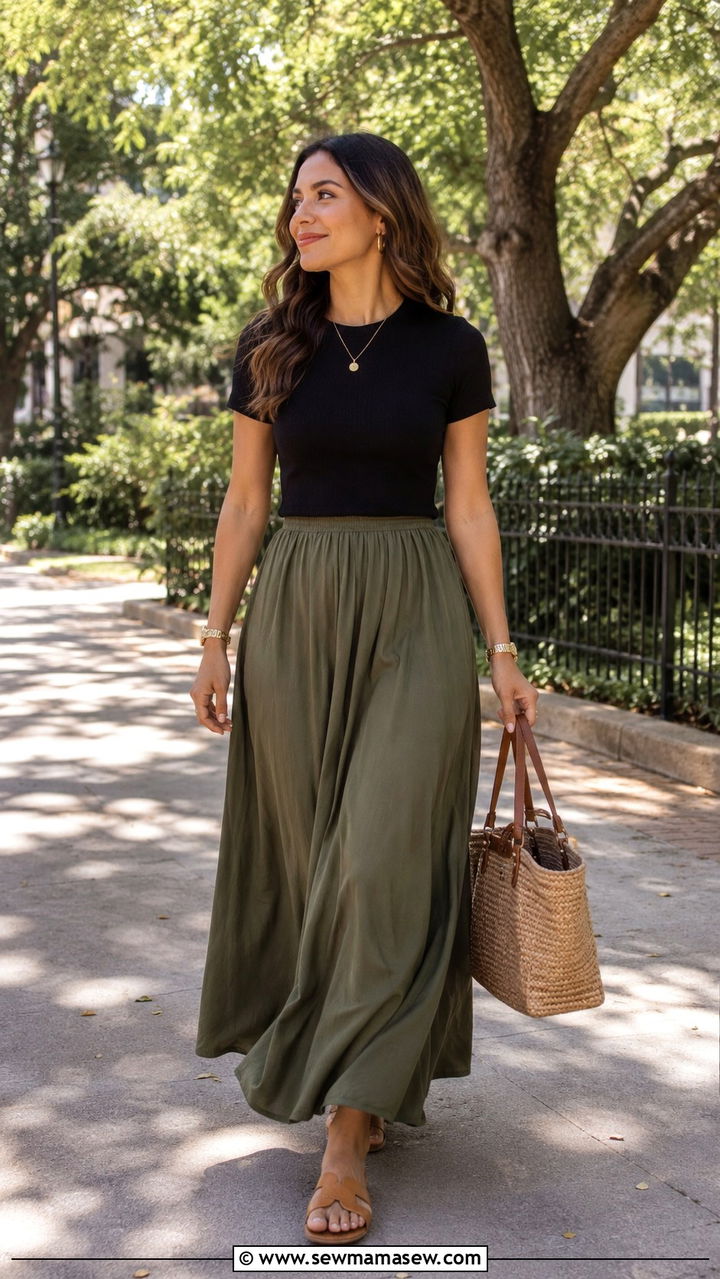 Maxi skirt with fitted knit top and flat sandals - 30 Internship outfit ideas for women