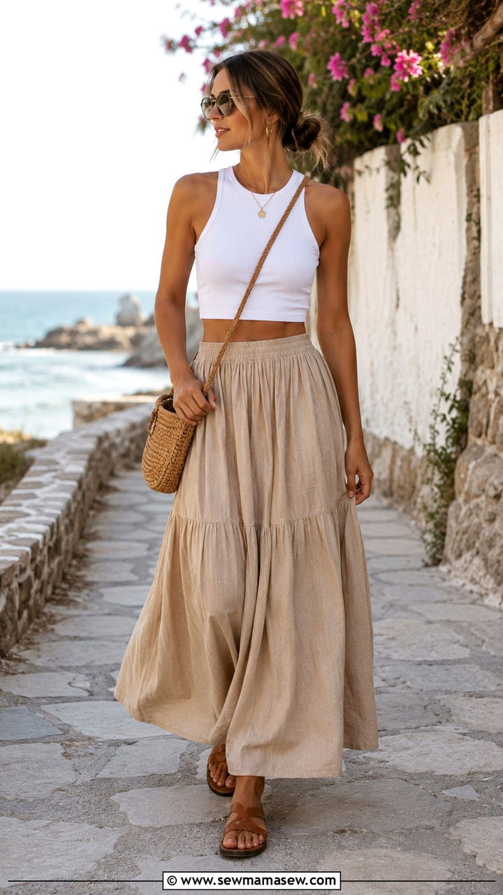 Maxi skirt with fitted white crop top - 20 Relaxed summer outfit ideas 2026