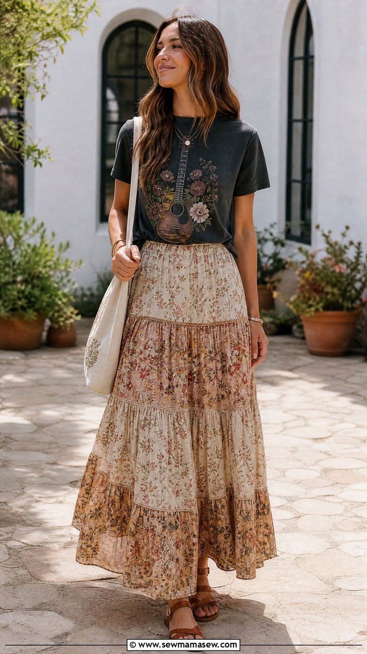 Maxi skirt with graphic tee - 30 Music teacher outfit ideas