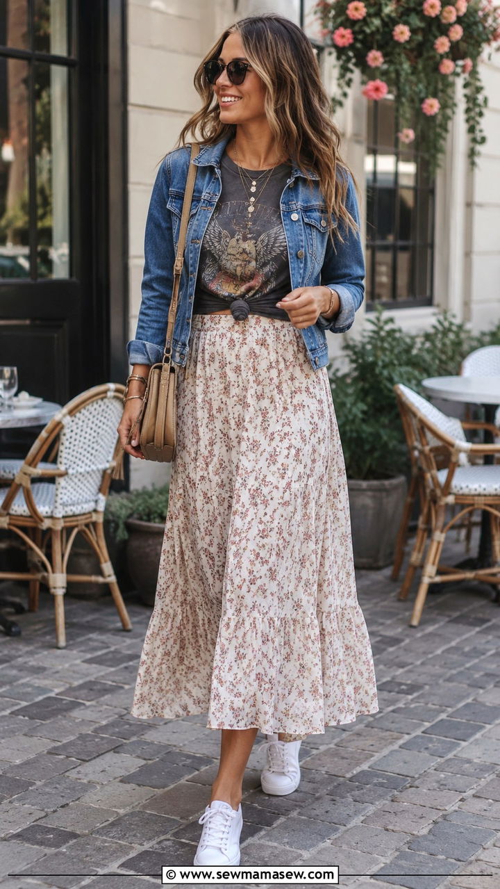 Maxi skirt with graphic tee and denim jacket - 30 How to style a maxi skirt