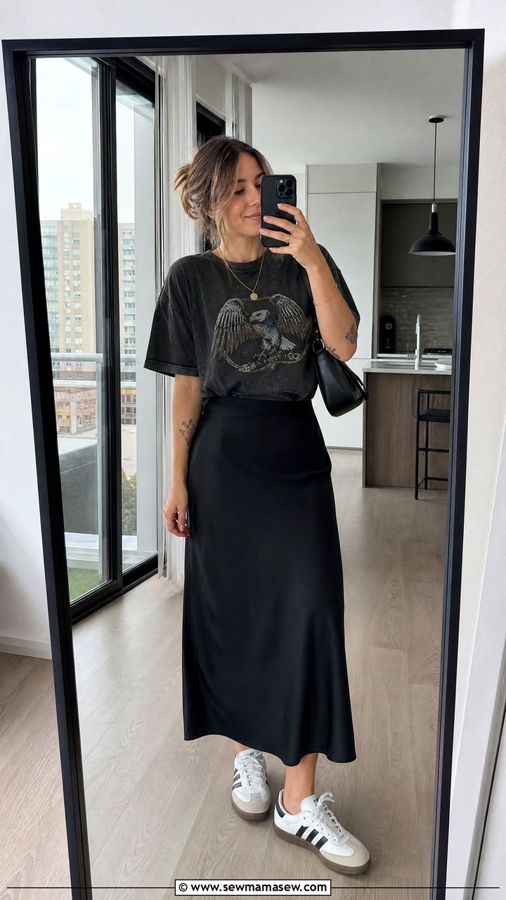 Maxi skirt with graphic tee and sneakers - 35 how to style maxi skirt